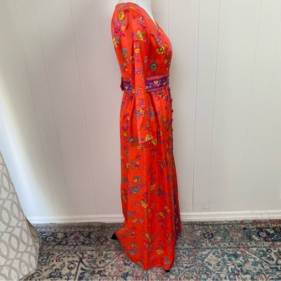 Size XS Orange Purple Vibrant Maxi Dress VTG 60s 70s Gogo Mod Boho Hippie Floral - Picture 7 of 16